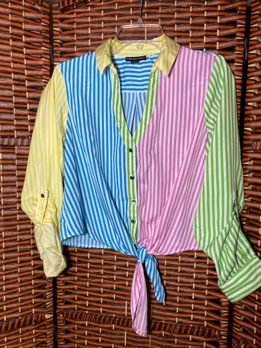 Thread Story Multicolor Striped Tie Front Blouse Size L